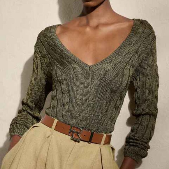 SOLDRalph Lauren Black Label 100% Silk Cable Knit V Neck Sweater, Military Green - Picture 4 of 14